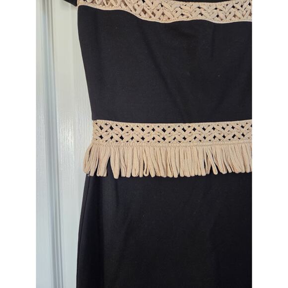 Alexis Bailey NWT Black Crochet trim Midi Dress Off Shoulder Fringe, Size Medium - Picture 7 of 13